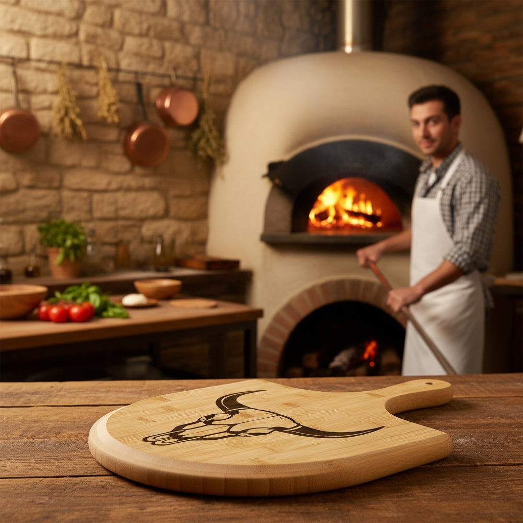 Bull Skull Engraved Bamboo Board – Pizza & Kitchen Gift