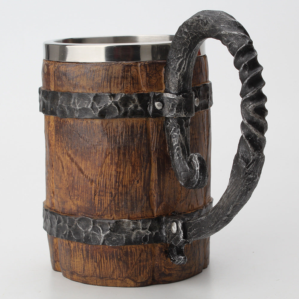 Foreign trade large capacity simulation wooden cup beer mug stainless steel liner mug large wooden barrel water cup with large handle