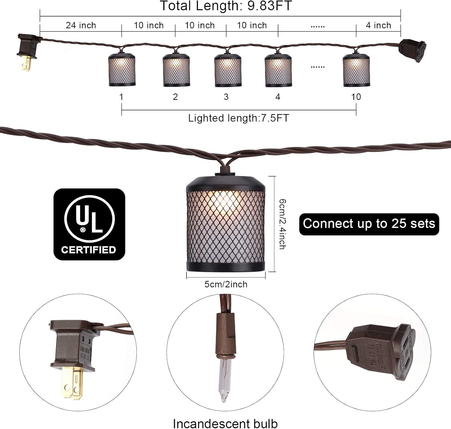 Metal Lantern Lights String，9.83Ft Decorative String Lights for Room Decor,  Black Metal Hanging Lanterns Lights Outdoor Patio Decorations