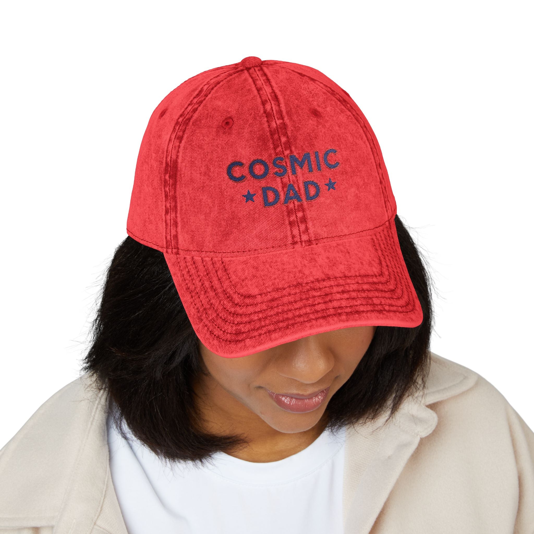 Cosmic Dad Vintage Cap, Embroidered Dad Hat, Stylish Gift for Fathers Day, Casual Dad Accessories, Trendy Red Cap