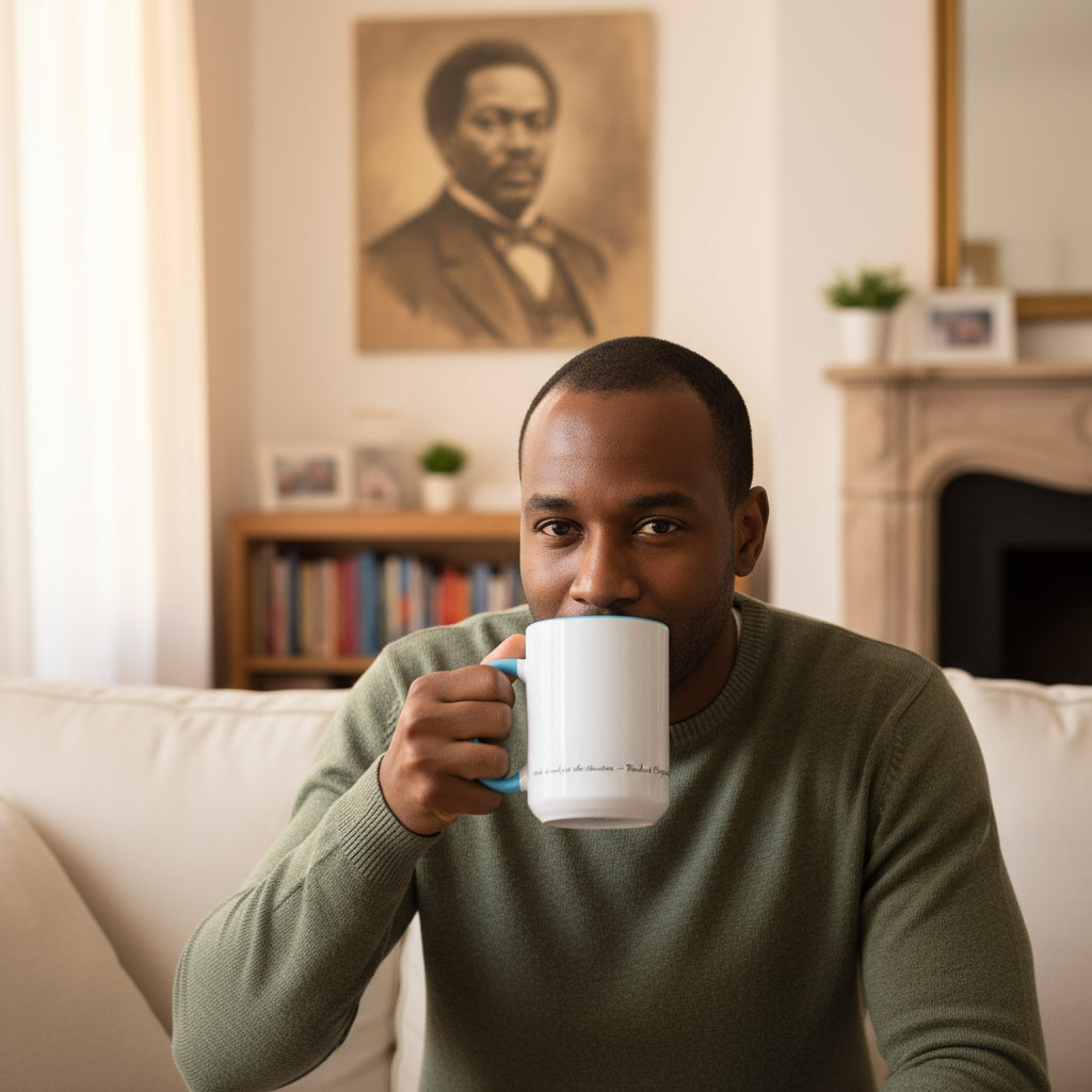 White mug with blue interior and handle featuring a quote by Frederick Douglass on a white background