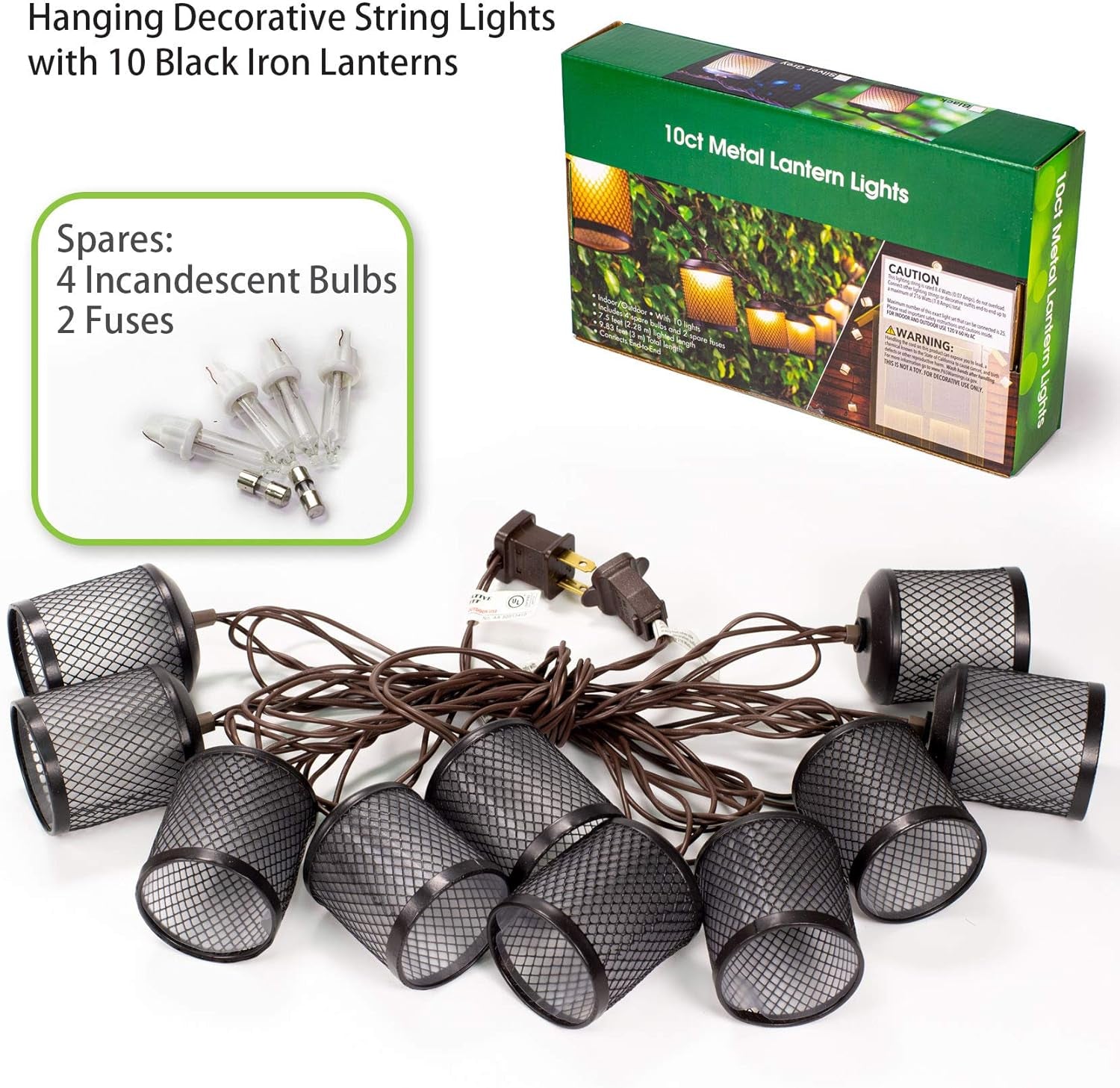 Metal Lantern Lights String，9.83Ft Decorative String Lights for Room Decor,  Black Metal Hanging Lanterns Lights Outdoor Patio Decorations