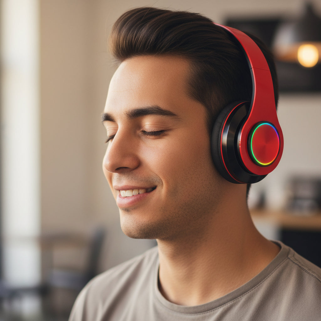 Foldable Over-Ear Bluetooth Singular Wireless Headphones with Mic, Red