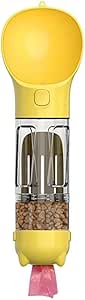 4-in-1 Portable Dog Water Bottle with Food Container, Leak-Proof Design, Pet Excrement Shovel, and Waste Bag Holder - 300ml Water + 150ml Food Capacity for Travel and Outdoor Use (YELLOW)