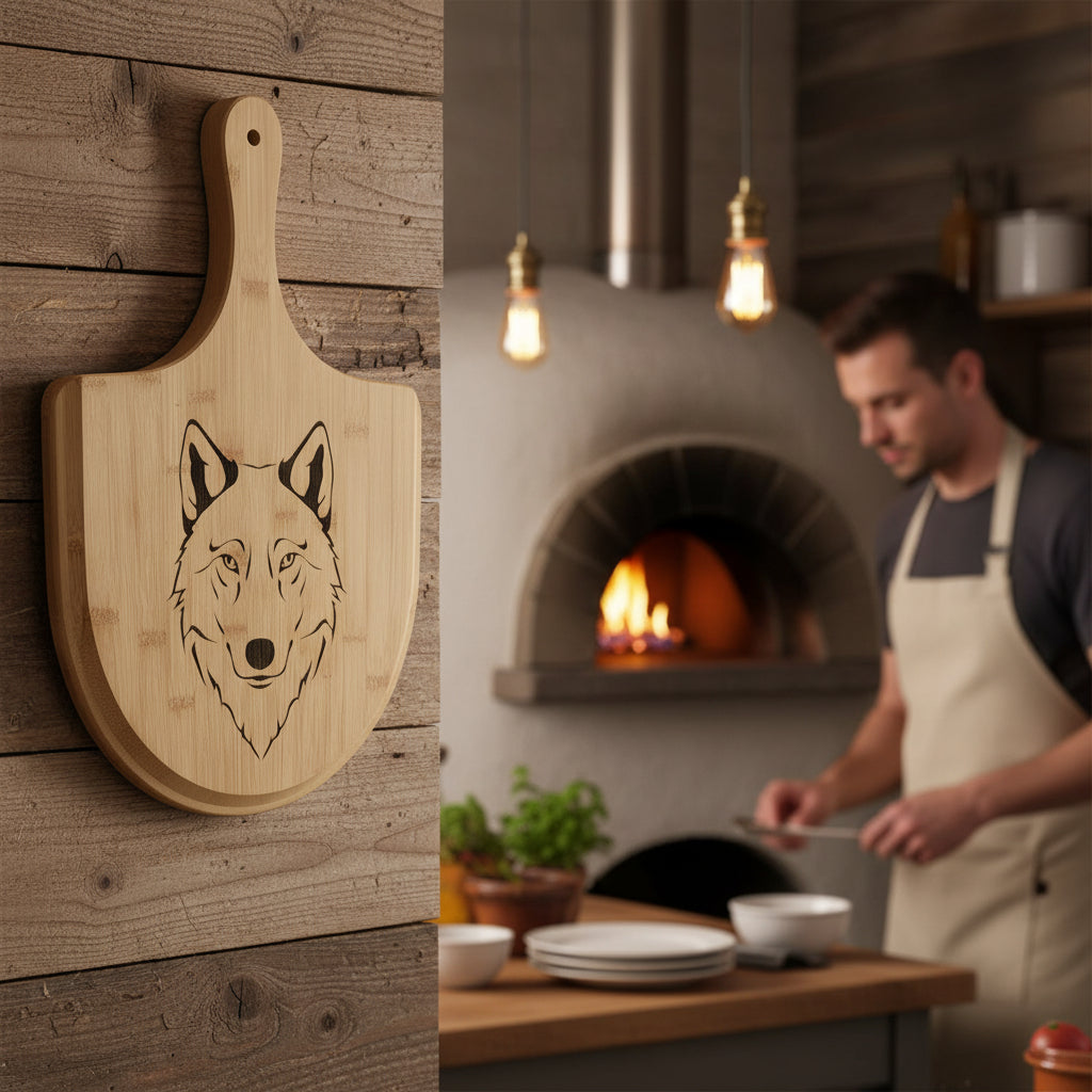 Wolf Head Engraved Bamboo Board – Pizza & Kitchen Gift