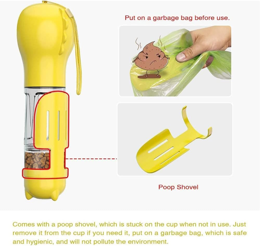 4-in-1 Portable Dog Water Bottle with Food Container, Leak-Proof Design, Pet Excrement Shovel, and Waste Bag Holder - 300ml Water + 150ml Food Capacity for Travel and Outdoor Use (YELLOW)