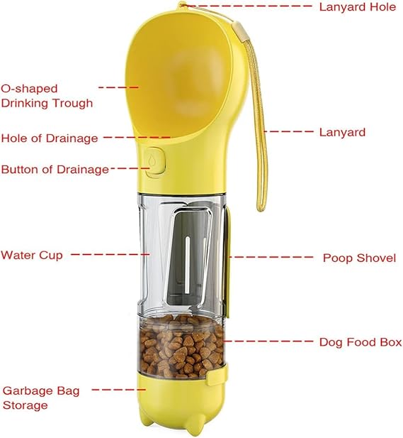 4-in-1 Portable Dog Water Bottle with Food Container, Leak-Proof Design, Pet Excrement Shovel, and Waste Bag Holder - 300ml Water + 150ml Food Capacity for Travel and Outdoor Use (YELLOW)