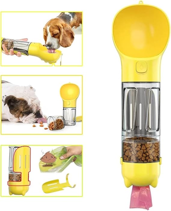 4-in-1 Portable Dog Water Bottle with Food Container, Leak-Proof Design, Pet Excrement Shovel, and Waste Bag Holder - 300ml Water + 150ml Food Capacity for Travel and Outdoor Use (YELLOW)