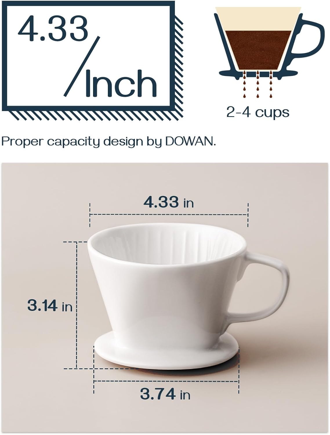 Pour Over Coffee Maker, Non-Electric Pour Over Coffee Dripper, Manual Brew Maker, Single Cups Porcelain Slow Brewing Accessories for Gifts,White