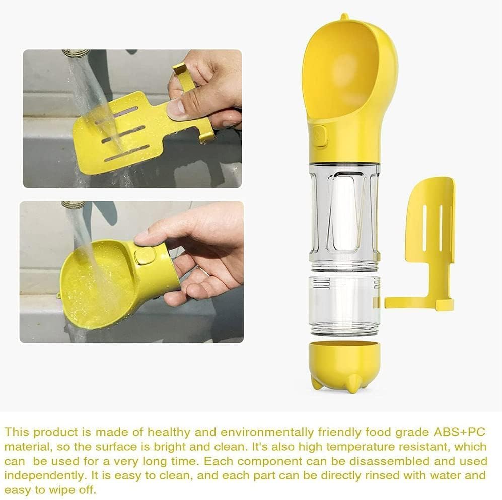 4-in-1 Portable Dog Water Bottle with Food Container, Leak-Proof Design, Pet Excrement Shovel, and Waste Bag Holder - 300ml Water + 150ml Food Capacity for Travel and Outdoor Use (YELLOW)