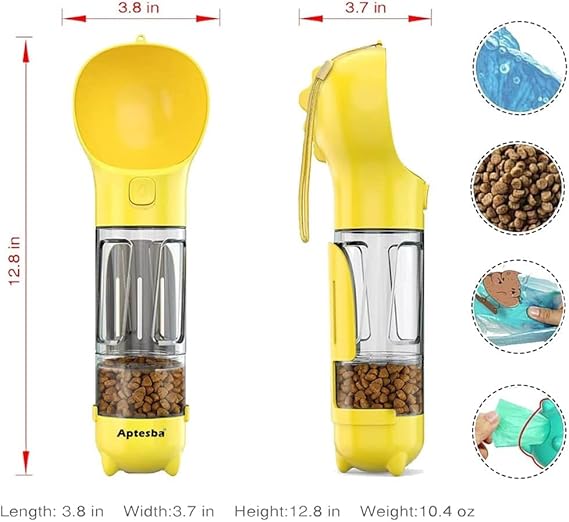 4-in-1 Portable Dog Water Bottle with Food Container, Leak-Proof Design, Pet Excrement Shovel, and Waste Bag Holder - 300ml Water + 150ml Food Capacity for Travel and Outdoor Use (YELLOW)