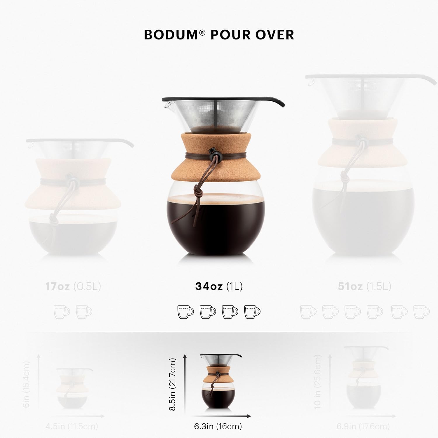 Bodum 34oz Pour Over Coffee Maker, High-Heat Borosilicate Glass with Reusable Stainless Steel Filter and Cork Grip