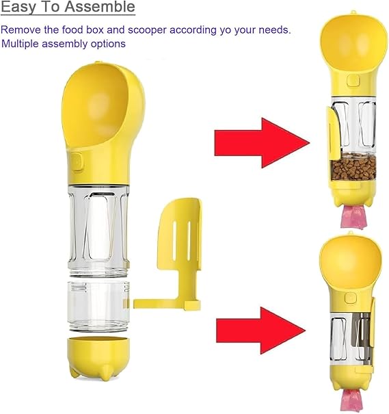 4-in-1 Portable Dog Water Bottle with Food Container, Leak-Proof Design, Pet Excrement Shovel, and Waste Bag Holder - 300ml Water + 150ml Food Capacity for Travel and Outdoor Use (YELLOW)