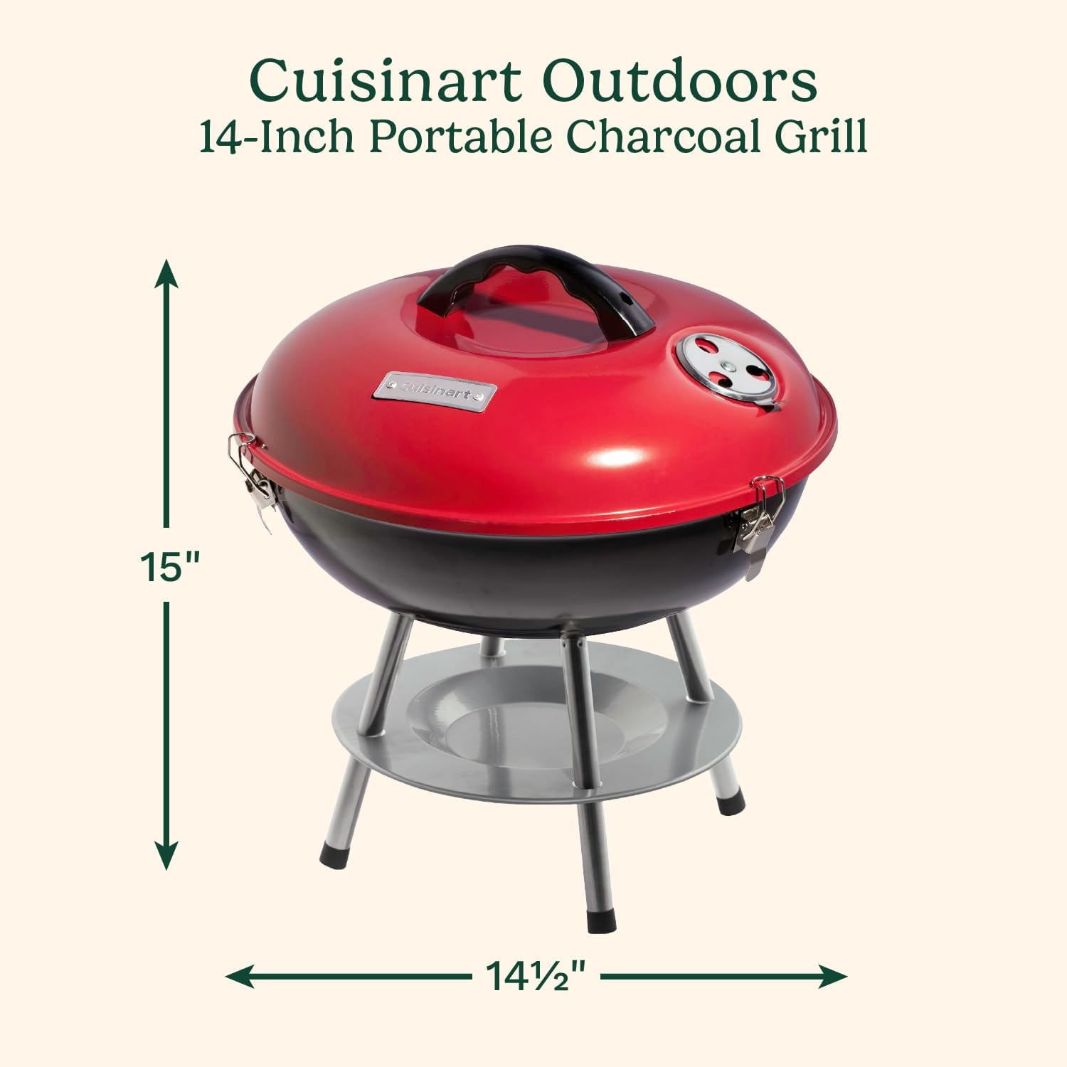 Cuisinart 14" Portable Charcoal Grill, Tabletop Outdoor Small Grill with Locking Lid and Dual Vents, Chrome Plated Travel Size BBQ Perfect for Camping, Tailgates, Cookouts, Red