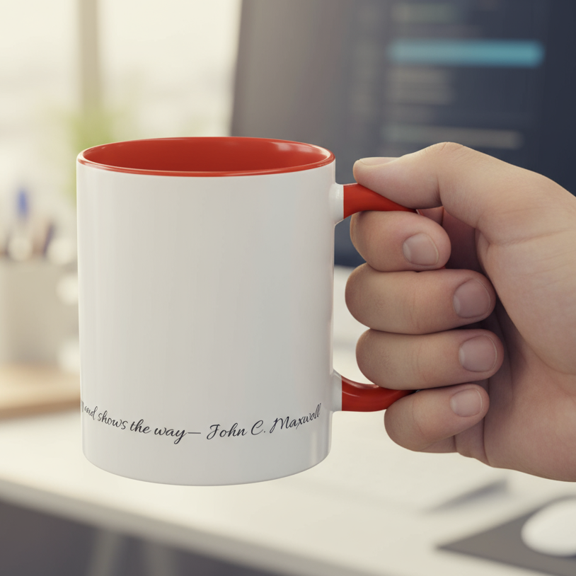 White mug with red interior and handle featuring a quote by John C. Maxwell on a white background