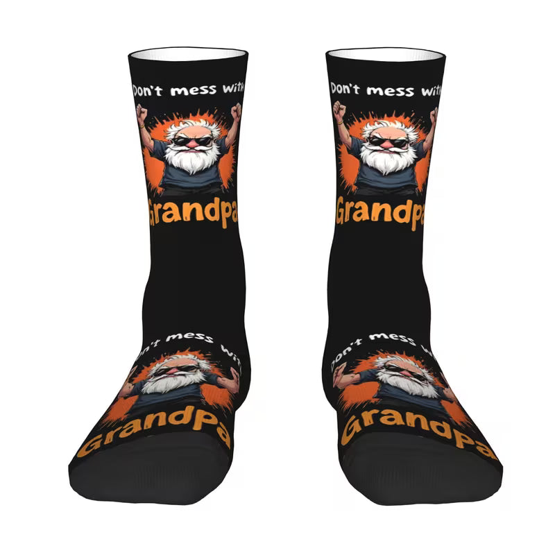 Don’t Mess With Grandpa – Bold Graphic Crew Socks (Black with Orange Accents)