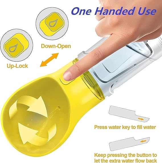 4-in-1 Portable Dog Water Bottle with Food Container, Leak-Proof Design, Pet Excrement Shovel, and Waste Bag Holder - 300ml Water + 150ml Food Capacity for Travel and Outdoor Use (YELLOW)