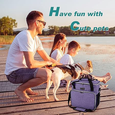 Dog Travel Bag, Pet Travel Bag (ALL Pet Travel Supplies), with 2 Pet Food Containers and 2 Collapsible Silicone Bowls; Essential Kits for Pet Travel Purple
