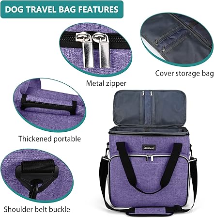 Dog Travel Bag, Pet Travel Bag (ALL Pet Travel Supplies), with 2 Pet Food Containers and 2 Collapsible Silicone Bowls; Essential Kits for Pet Travel Purple
