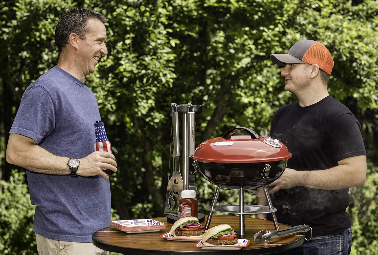 Cuisinart 14" Portable Charcoal Grill, Tabletop Outdoor Small Grill with Locking Lid and Dual Vents, Chrome Plated Travel Size BBQ Perfect for Camping, Tailgates, Cookouts, Red