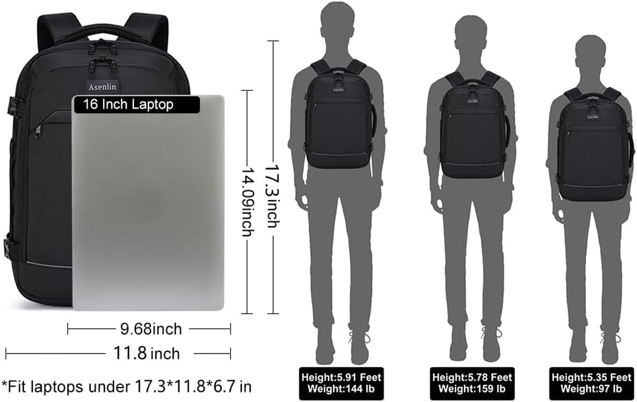 Travel Backpack for  Men,Fit 15.6 Inch Carry on Backpack Flight Approved Luggage，Weekender Bag Water Resistant Laptop Backpack-Black