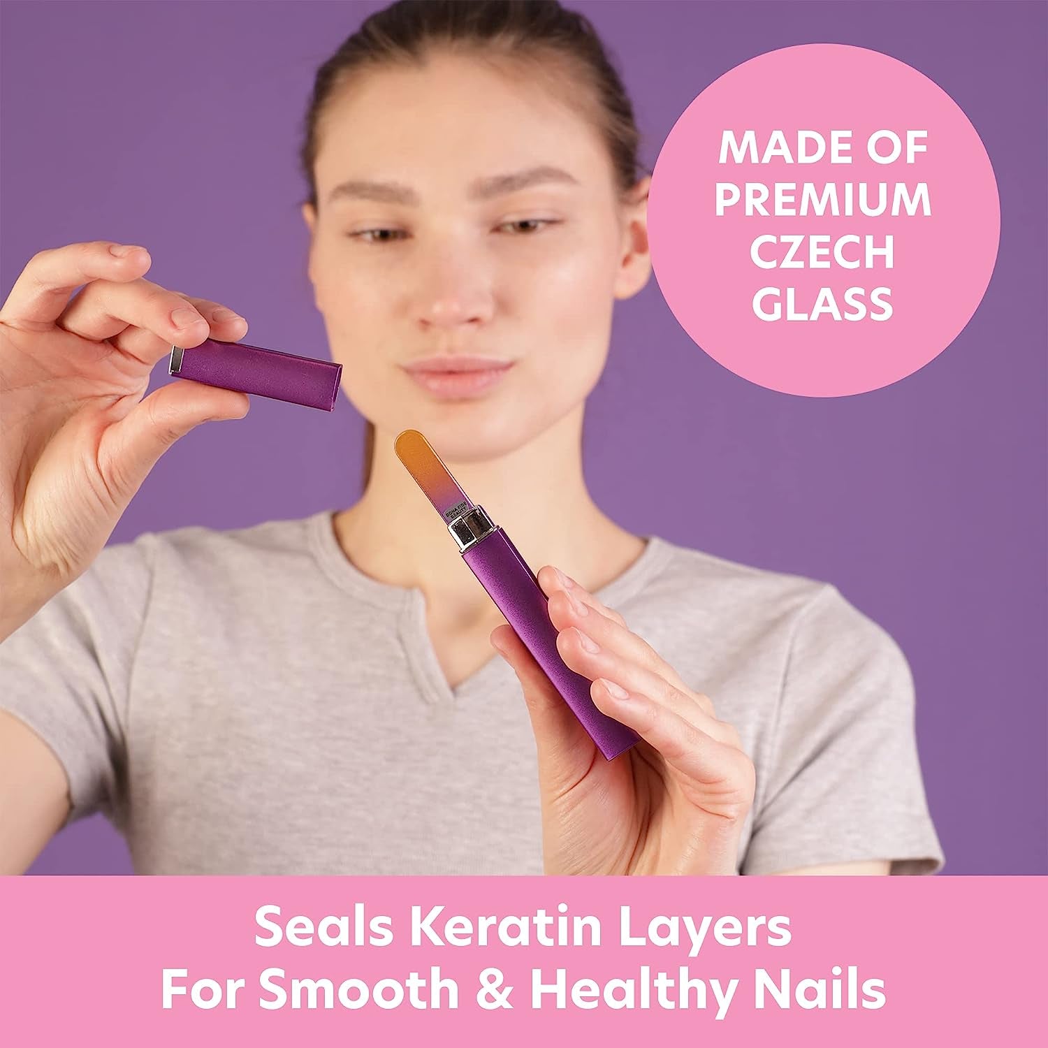 - Premium Czech Glass Fingernail File with Case - Gentle, Durable & Professional Manicure Tool - Beauty Gift for Women (Gold Violet)