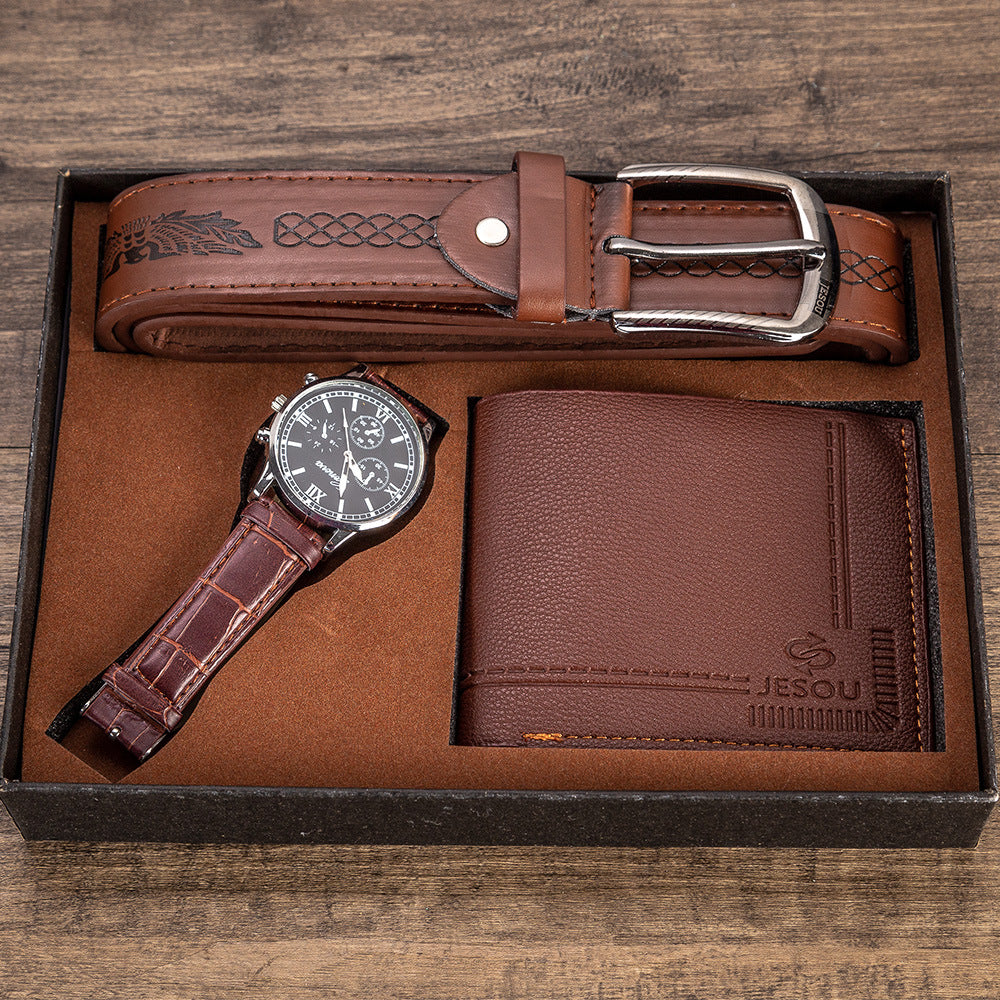 Birthday Gift Set for Men Stylish Dress Leather Strap Chronograph Wrist Watch+Wallet+Belt