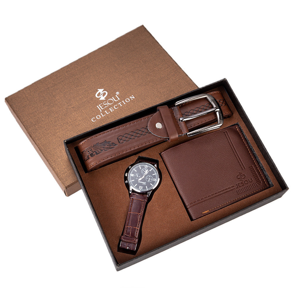 Birthday Gift Set for Men Stylish Dress Leather Strap Chronograph Wrist Watch+Wallet+Belt