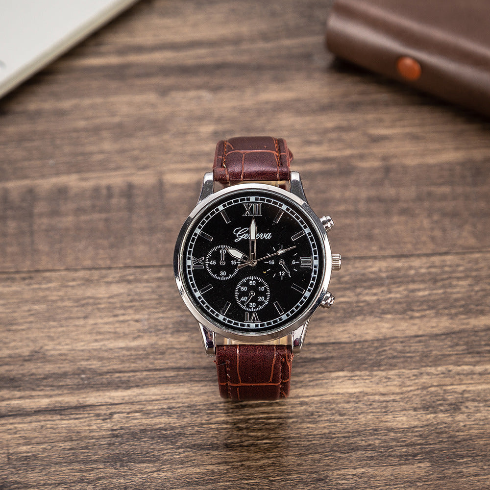 Birthday Gift Set for Men Stylish Dress Leather Strap Chronograph Wrist Watch+Wallet+Belt