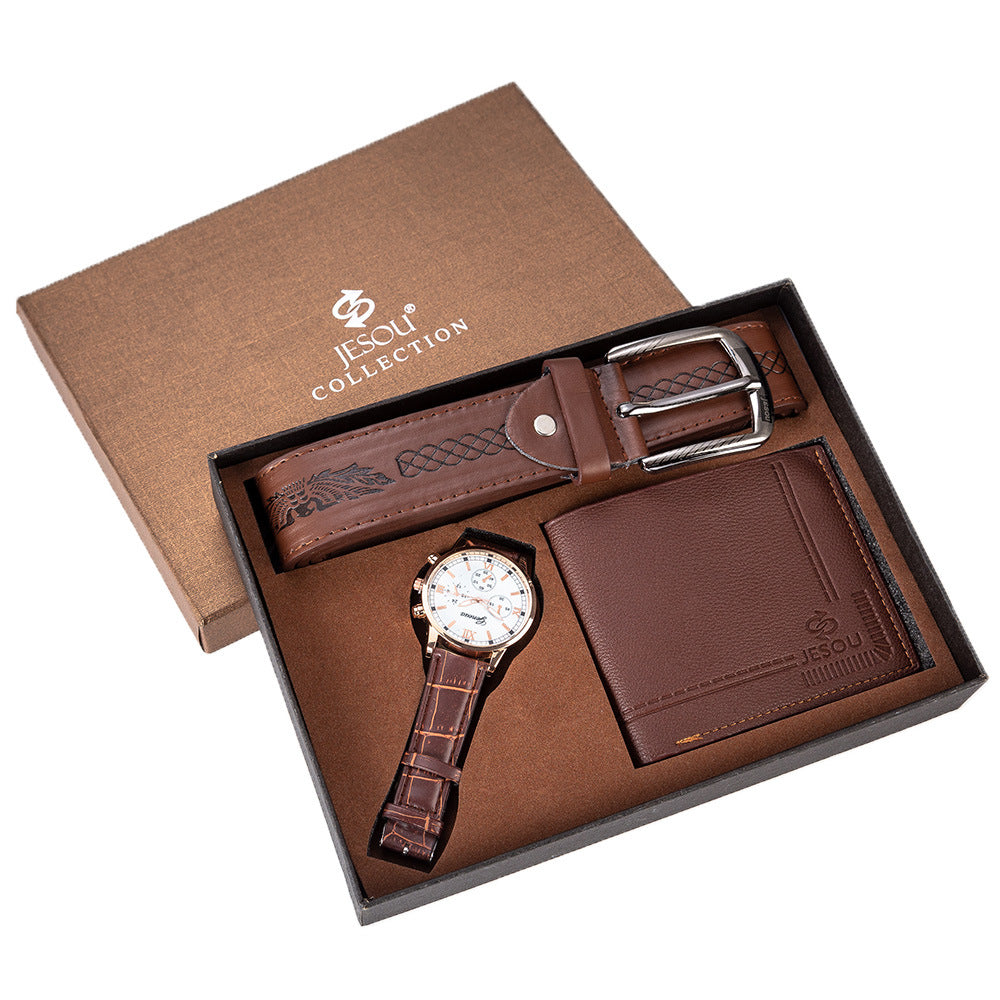 Birthday Gift Set for Men Stylish Dress Leather Strap Chronograph Wrist Watch+Wallet+Belt