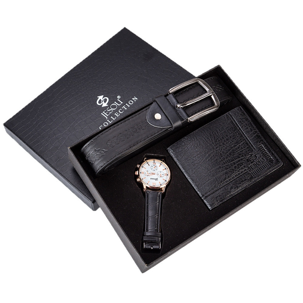 Birthday Gift Set for Men Stylish Dress Leather Strap Chronograph Wrist Watch+Wallet+Belt
