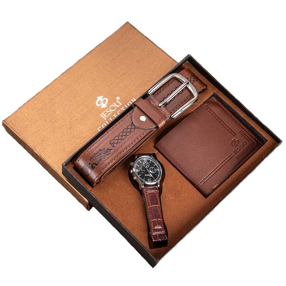 Birthday Gift Set for Men Stylish Dress Leather Strap Chronograph Wrist Watch+Wallet+Belt