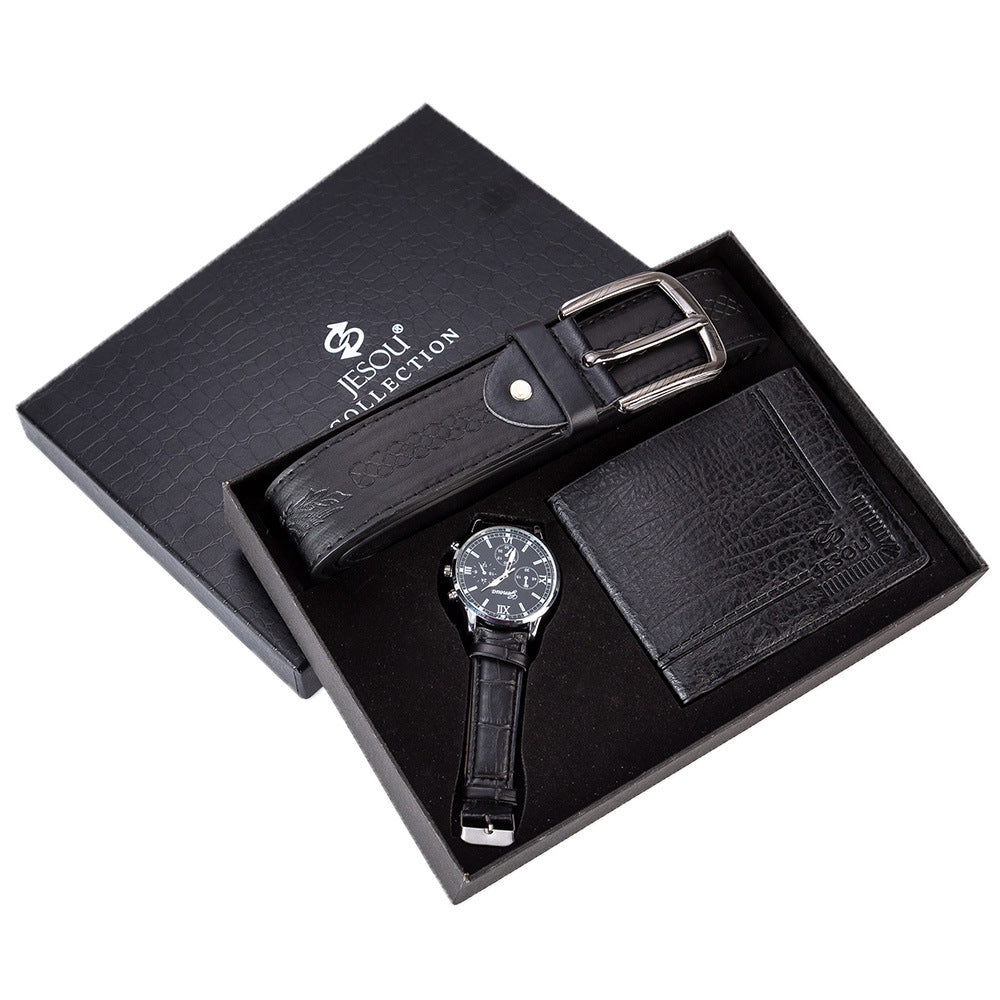Birthday Gift Set for Men Stylish Dress Leather Strap Chronograph Wrist Watch+Wallet+Belt