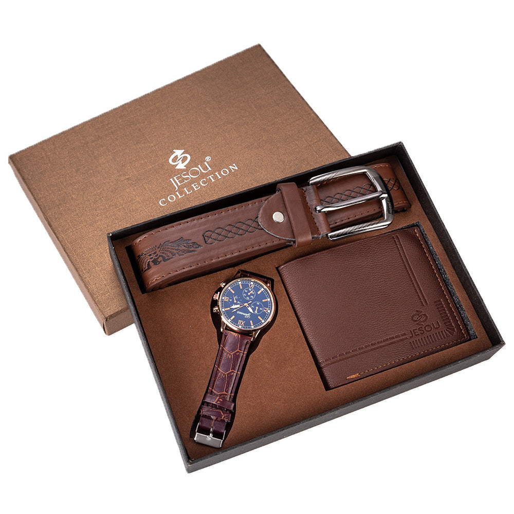 Birthday Gift Set for Men Stylish Dress Leather Strap Chronograph Wrist Watch+Wallet+Belt