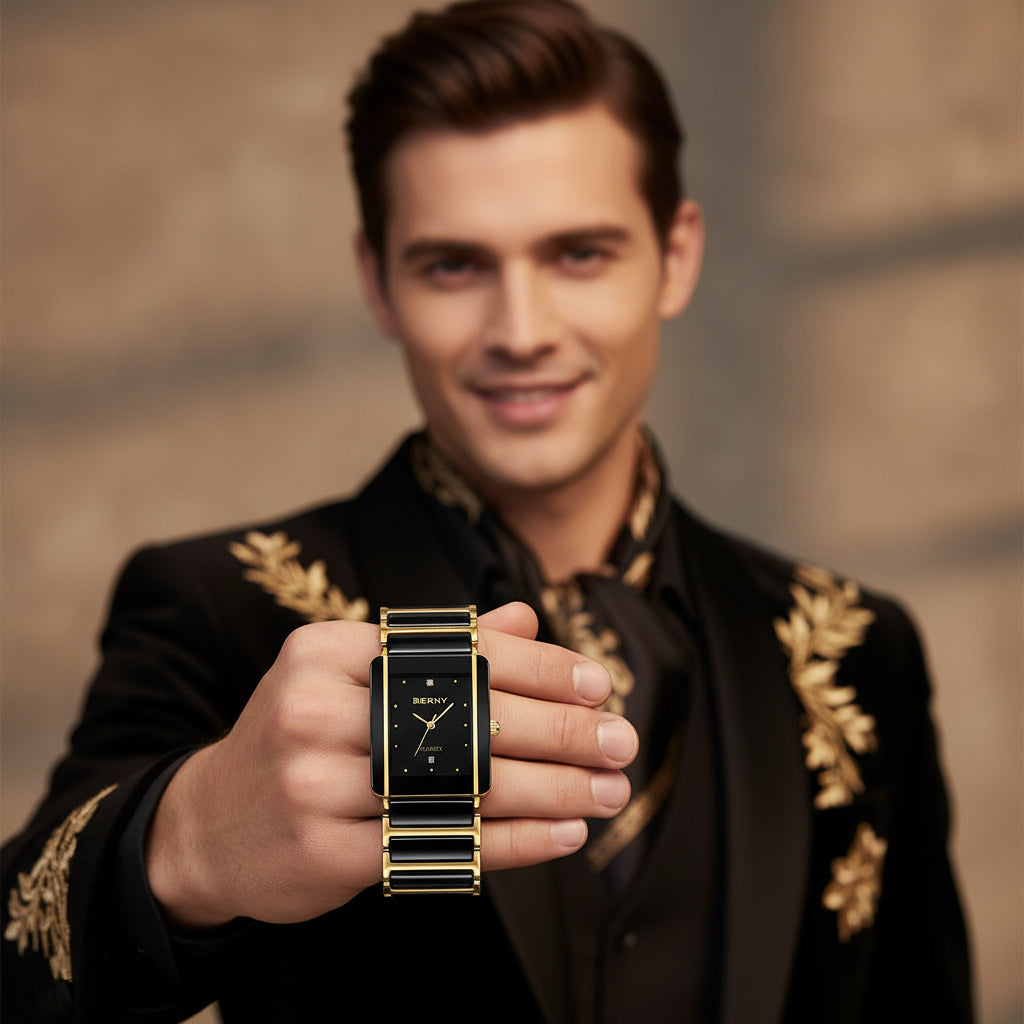 BERNY Ceramic Quartz Men Watch Fashion Luxury Rectangle Wristwatch XV12 Waterproof Calendar Diamon Black Gold Couple Gifts Watch