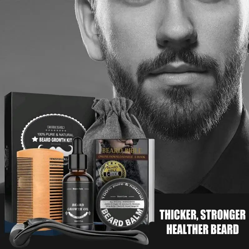 5pcs Men Beard Barba Grooming Beard Set Beard Growth Oil Men Hair Enhancer Thicker Mustache Grooming Beard Care Oil Comb Bag