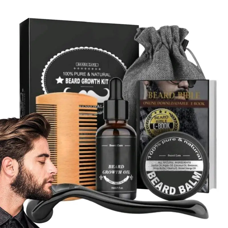 5pcs Men Beard Barba Grooming Beard Set Beard Growth Oil Men Hair Enhancer Thicker Mustache Grooming Beard Care Oil Comb Bag