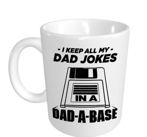 Funny Dad Jokes Mug with "I Keep All My Dad Jokes in a Dad-Base" Saying - Ceramic Coffee Cup with & Design - Dishwasher Safe Cup for Dad, Dad, Coffee Bar