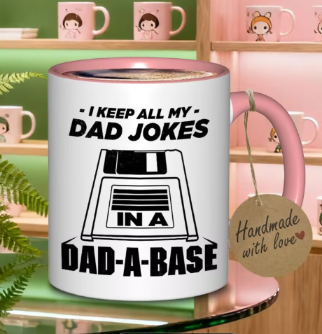 Funny Dad Jokes Mug with "I Keep All My Dad Jokes in a Dad-Base" Saying - Ceramic Coffee Cup with & Design - Dishwasher Safe Cup for Dad, Dad, Coffee Bar