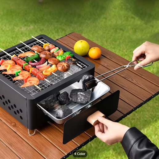1pc Portable Indoor Outdoor BBQ Grill Set with Drawer, Charcoal Barbecue Cooking Stove, Food-Contact Safe Grill Rack, Home Use Tea Brewing and Fire Heating Kit