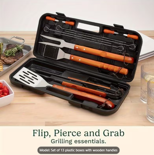 13pcs Heavy-Duty BBQ Grill Tool Set with Forks, Spatula, Tongs, Brushes, Piercing Utensils - Non-Slip Grip Handles for Outdoor, Indoor, Backyard, Professional - Portable Storage Case - Ideal Gift for Grill & Home Cooks