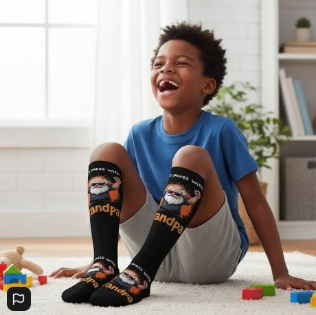 Don’t Mess With Grandpa – Bold Graphic Crew Socks (Black with Orange Accents)