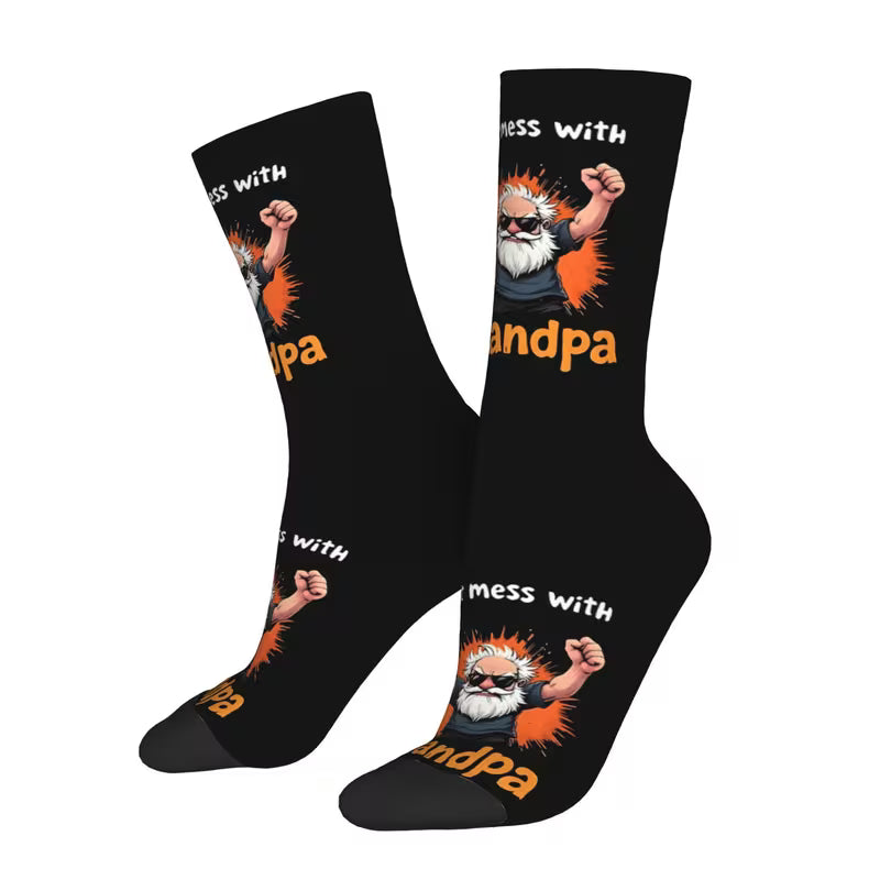 Don’t Mess With Grandpa – Bold Graphic Crew Socks (Black with Orange Accents)