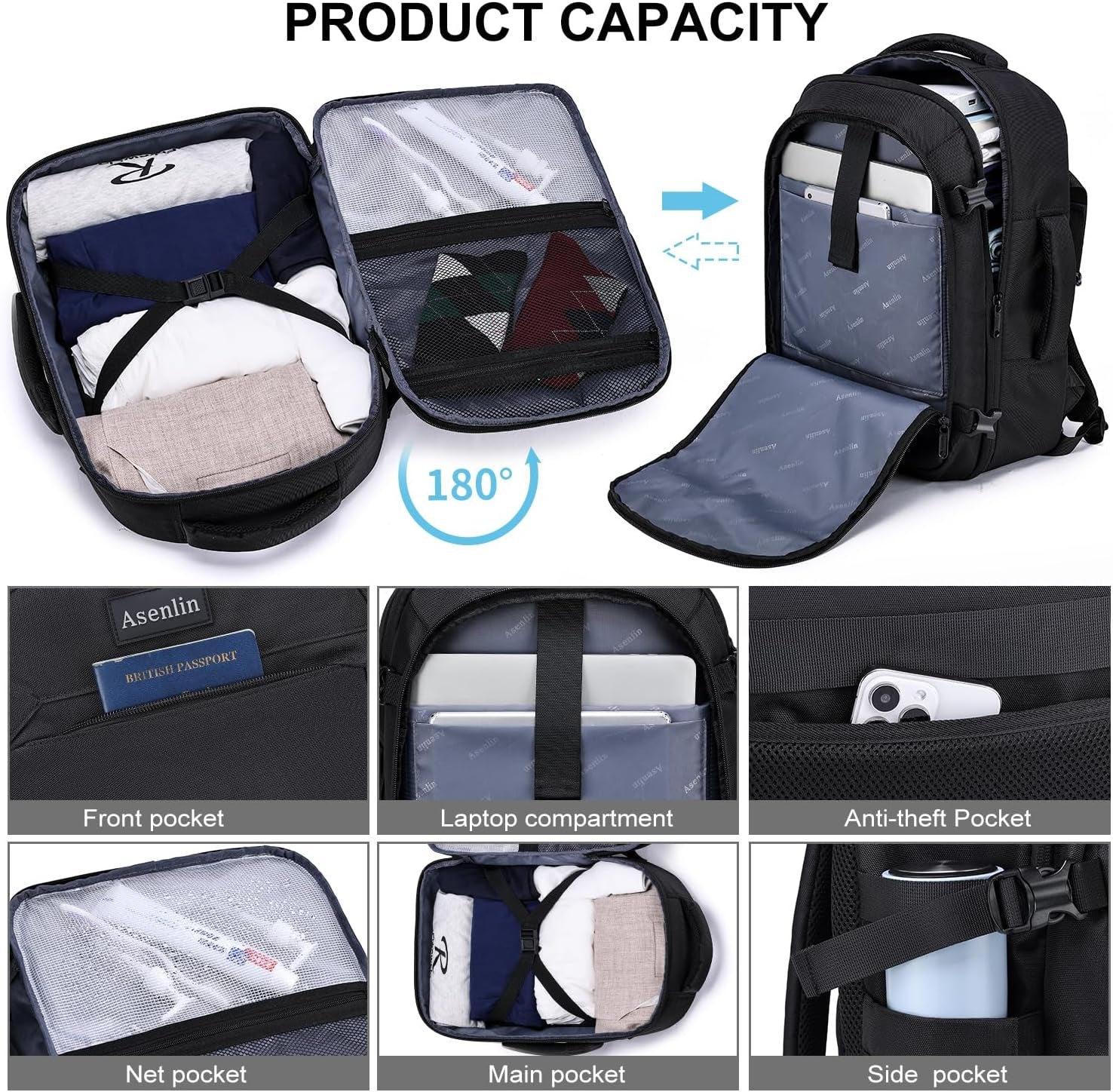 Travel Backpack for  Men,Fit 15.6 Inch Carry on Backpack Flight Approved Luggage，Weekender Bag Water Resistant Laptop Backpack-Black