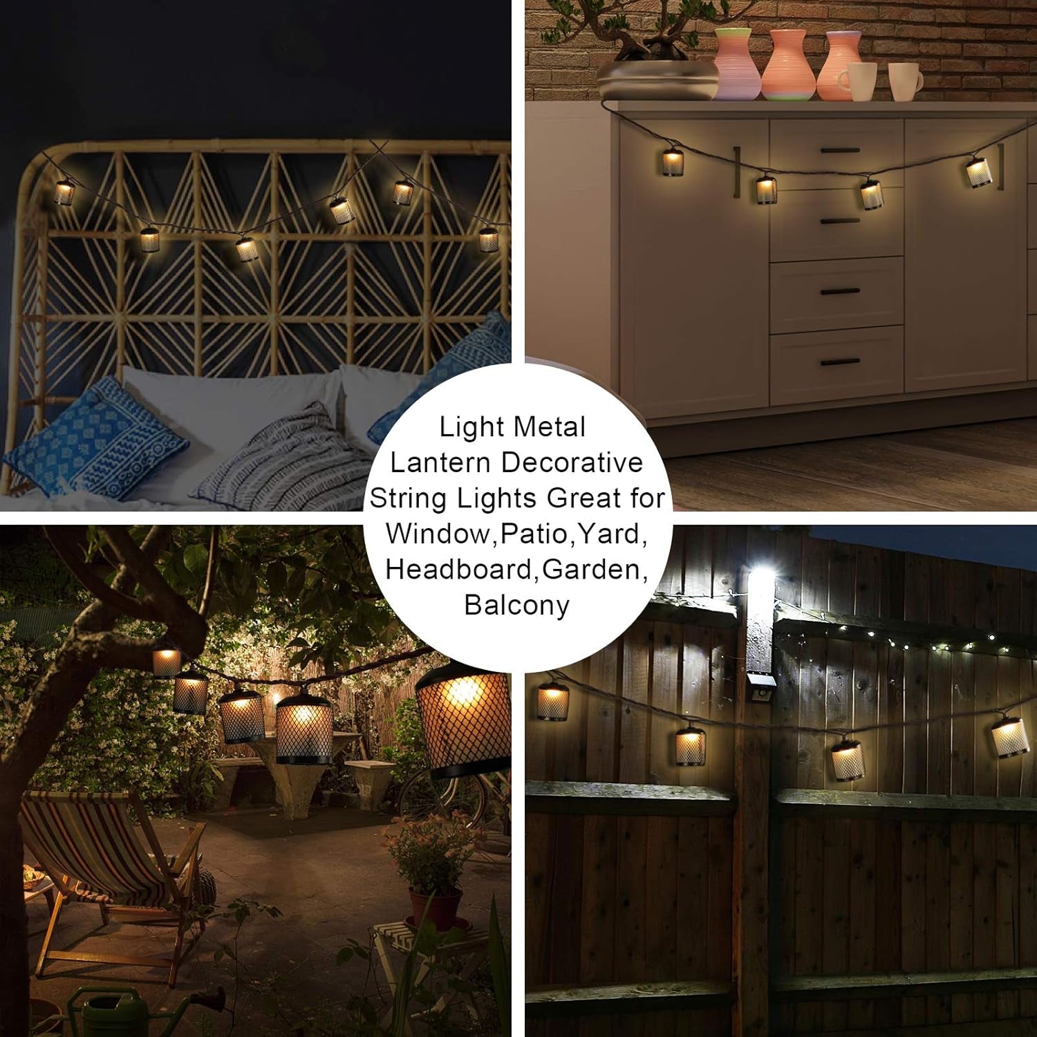 Metal Lantern Lights String，9.83Ft Decorative String Lights for Room Decor,  Black Metal Hanging Lanterns Lights Outdoor Patio Decorations