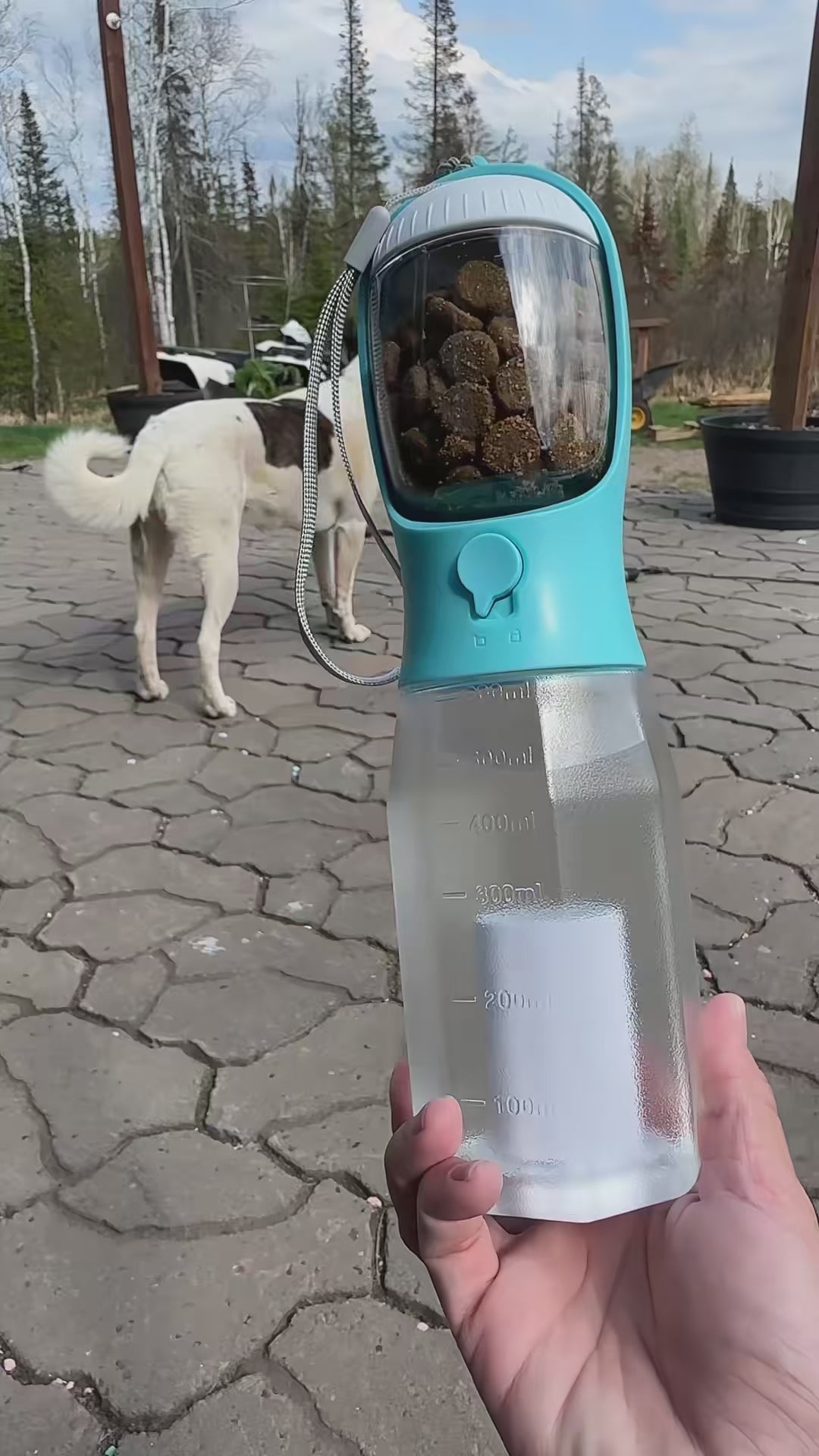 4-in-1 Portable Dog Water Bottle with Food Container, Leak-Proof Design, Pet Excrement Shovel, and Waste Bag Holder - 300ml Water + 150ml Food Capacity for Travel and Outdoor Use (YELLOW)