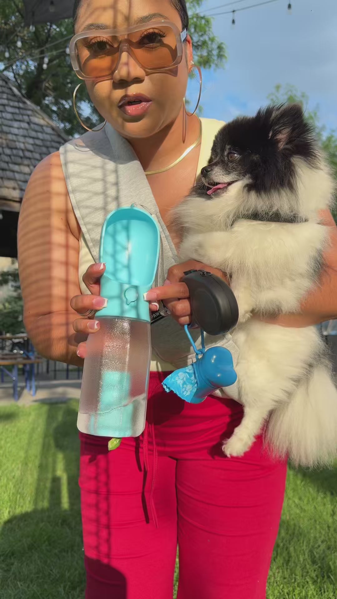 4-in-1 Portable Dog Water Bottle with Food Container, Leak-Proof Design, Pet Excrement Shovel, and Waste Bag Holder - 300ml Water + 150ml Food Capacity for Travel and Outdoor Use (YELLOW)