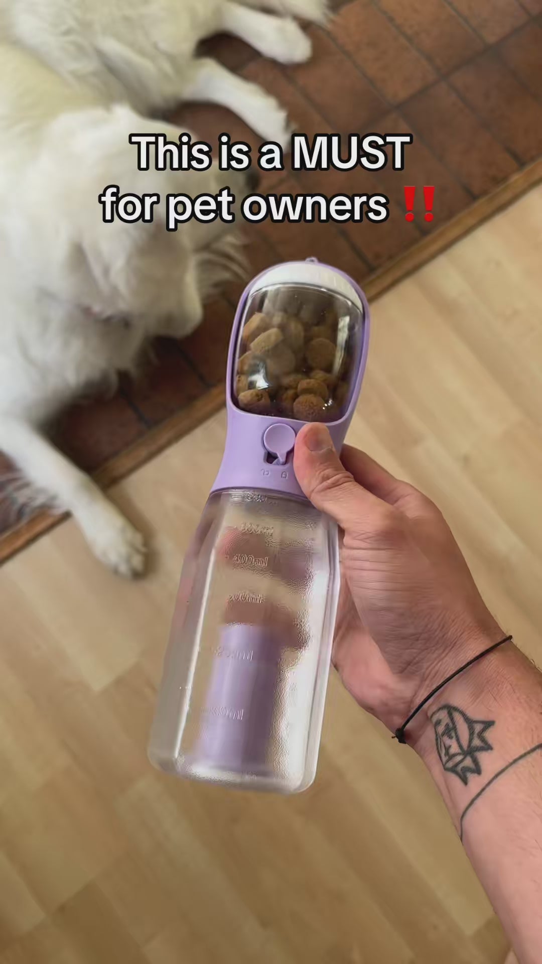 4-in-1 Portable Dog Water Bottle with Food Container, Leak-Proof Design, Pet Excrement Shovel, and Waste Bag Holder - 300ml Water + 150ml Food Capacity for Travel and Outdoor Use (YELLOW)